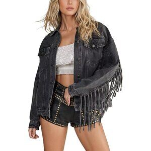 Women's Oversized Fringed Jacket Tassel Jean Jackets Cowgirl Western Denim Grey
